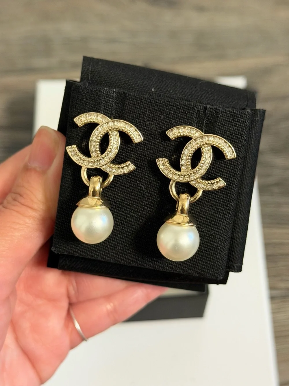 CHANEL Gold Crystal CC Pearl Drop Earrings